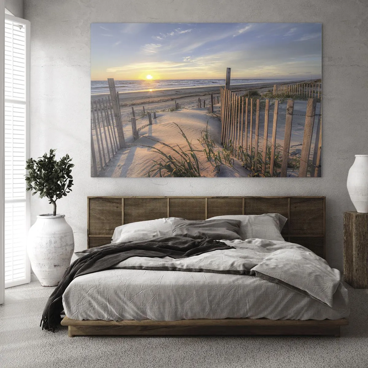 Obraz na skle - Pláž s dunami při západu slunce - 70x50cm - Odlesk a stín větru - Moderní nástěnná dekorace do obývacího pokoje a ložnice ARTTOR
