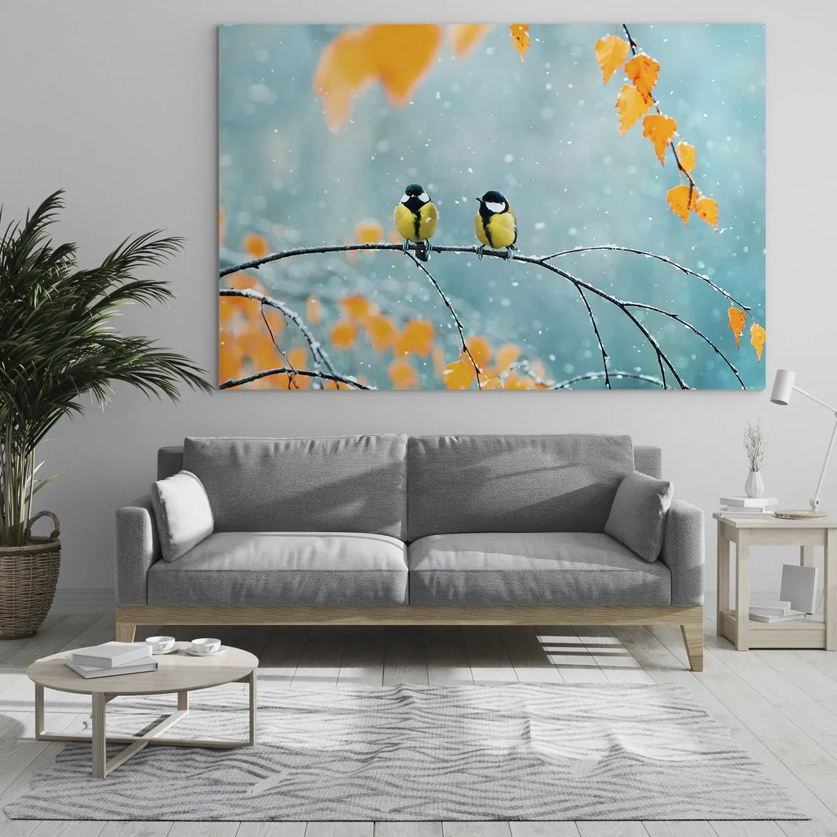 Obraz na skle - Dvě sýkory sedící na větvičce mezi padajícím listím - 70x50cm - Ptačí drby - Moderní nástěnná dekorace do obývacího pokoje a ložnice ARTTOR