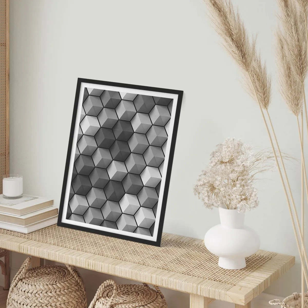 Plakát v černém rámu - Černobílé složení 3D geometrických kostek - 50x70cm - Kubistické puzzle - Moderní nástěnná dekorace do obývacího pokoje a ložnice ARTTOR