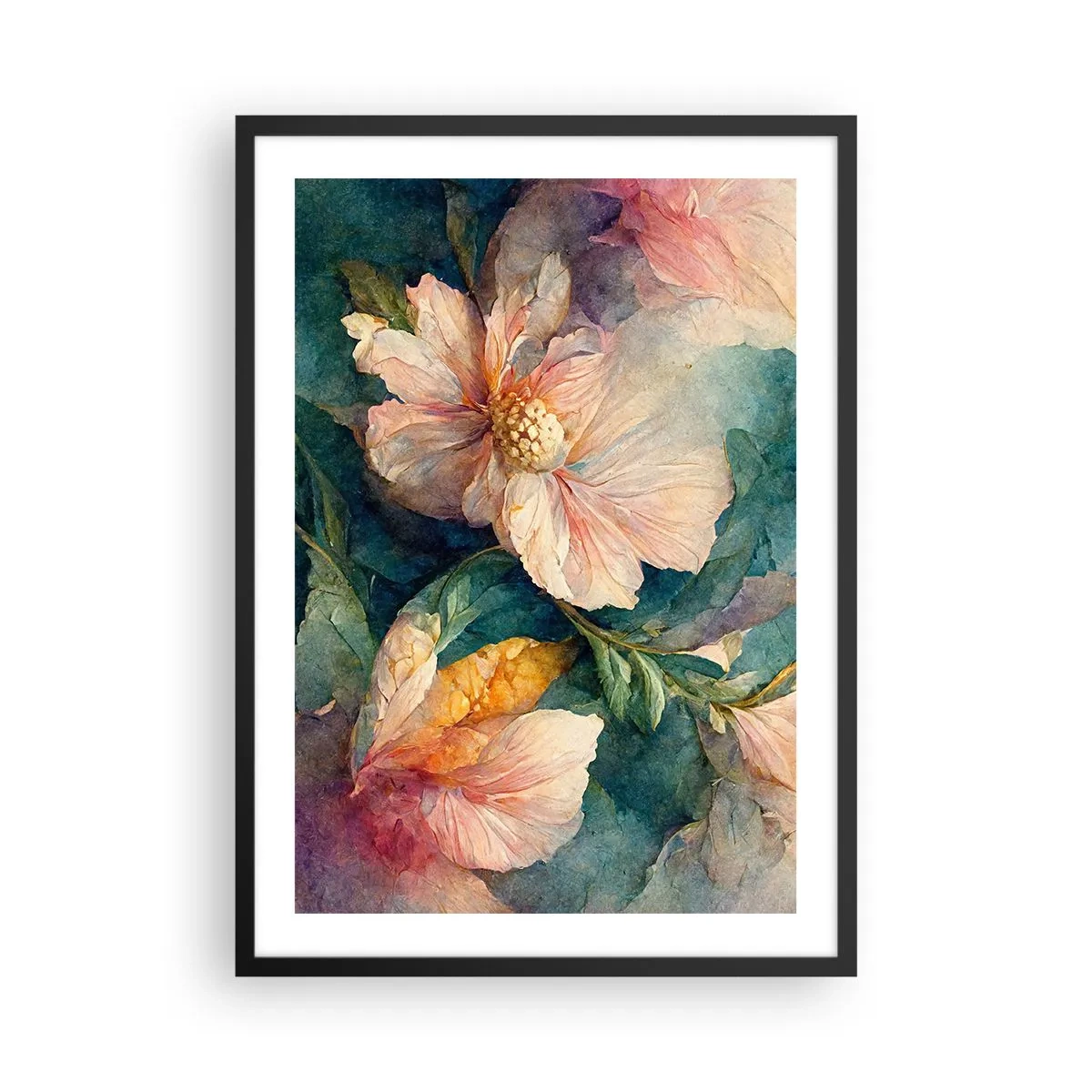 Plakát v černém rámu - Jemné květiny ve stylu akvarelu - 50x70cm - Čirá subtilnost - Moderní nástěnná dekorace do obývacího pokoje a ložnice ARTTOR
