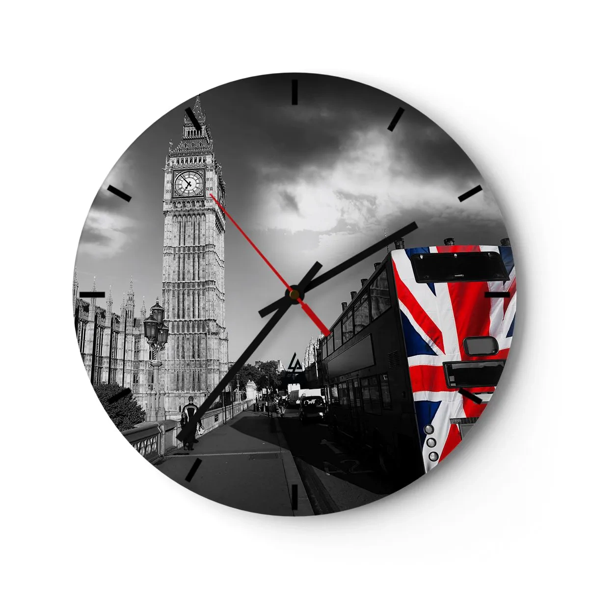 Nástěnné hodiny - Big Ben a autobus s motivem britské vlajky - 30x30cm - Hrdá a velká - Moderní nástěnná dekorace do obývacího pokoje, kuchyně a ložnice ARTTOR