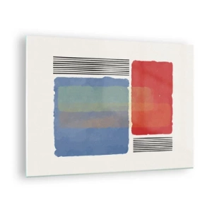 Obraz na skle - Geometrická kompozice s červenými a modrými obdélníky - 70x50cm - Duch a písmeno geometrie - Moderní nástěnná dekorace do obývacího pokoje a ložnice ARTTOR