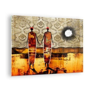 Obraz na skle - Dvě abstraktní postavy na pozadí ornamentu a zlatých odstínů - 70x50cm - Etnická kompozice v barvách Afriky - Moderní nástěnná dekorace do obývacího pokoje a ložnice ARTTOR