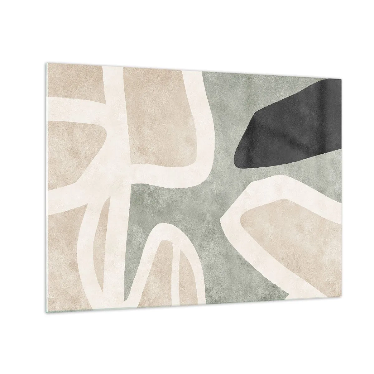 Obraz na skle - Abstraktní tvary v béžové a zelené barvě s nádechem černé - 70x50cm - Kompozice s černým motivem - Moderní nástěnná dekorace do obývacího pokoje a ložnice ARTTOR