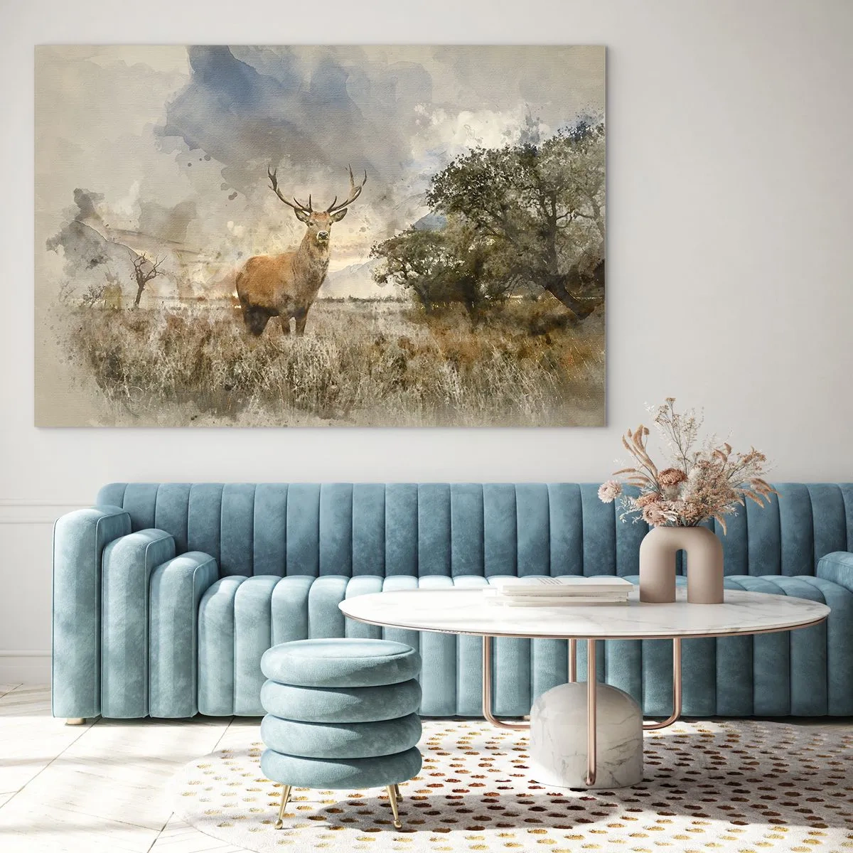 Obraz na skle - Jelen v přírodní krajině s jemnými barvami v pozadí - 70x50cm - Důstojnost - síla - majestátnost - Moderní nástěnná dekorace do obývacího pokoje a ložnice ARTTOR