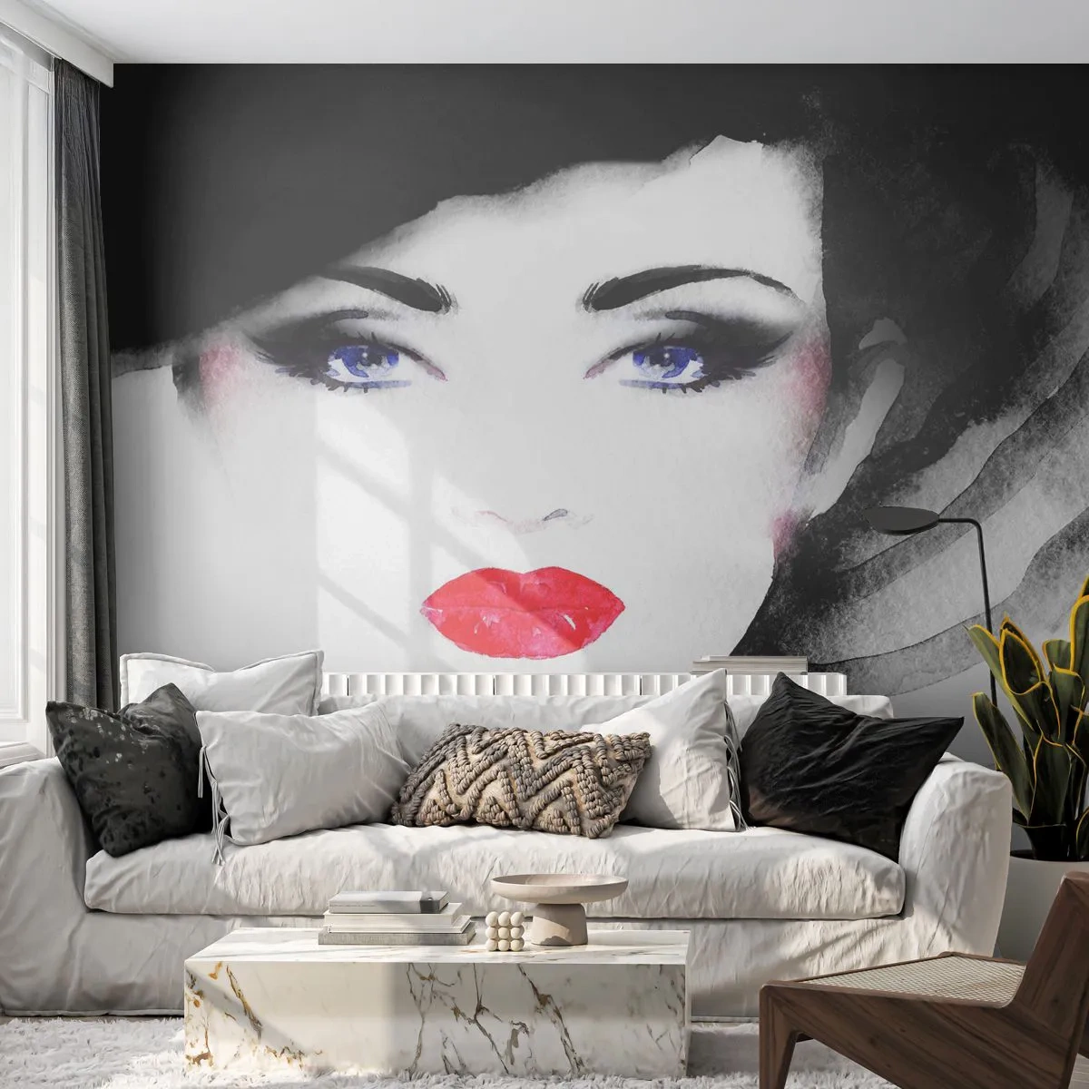 Fototapeta Samolepicí Deluxe Sticker - Odhání a přivolává - ženská tvář, červené rty, Modré oči - 250x175 cm