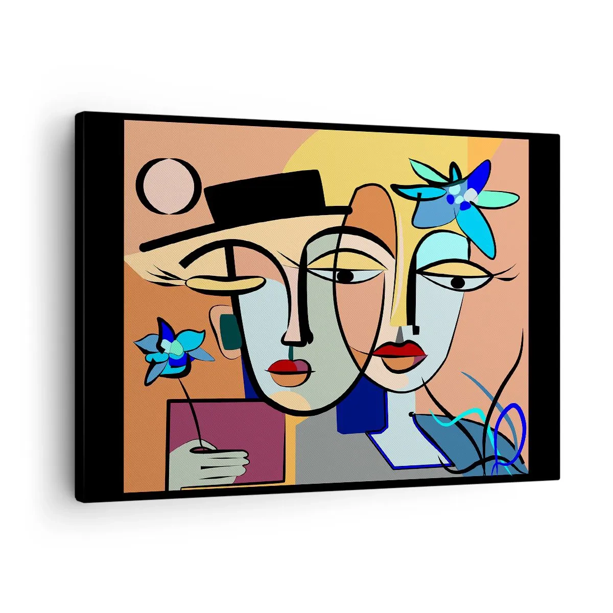 Obraz na plátně - Kubistické portréty v zářivých barvách s květinovým motivem - 70x50cm - Picassovo randez vous - Moderní nástěnná dekorace do obývacího pokoje a ložnice ARTTOR