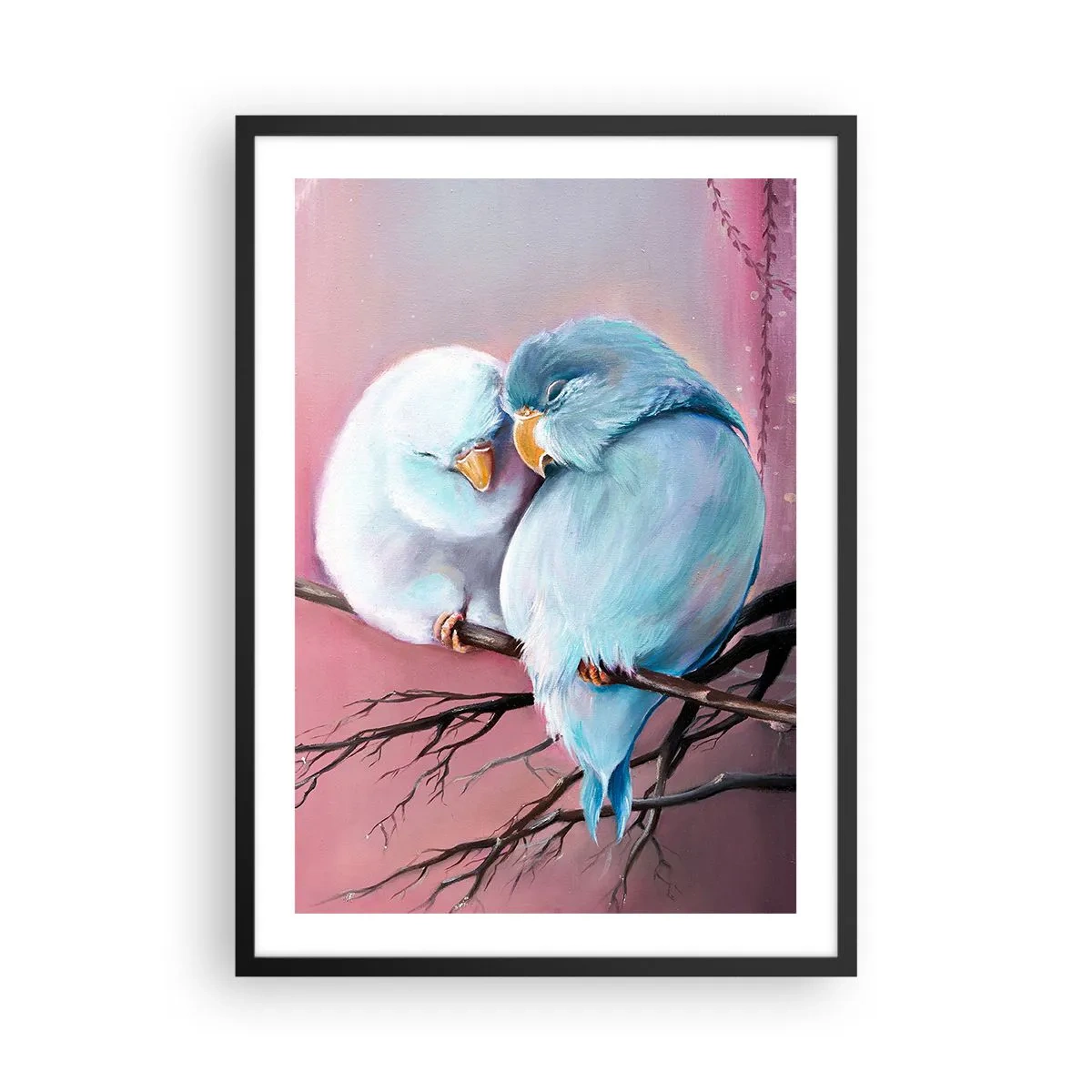 Plakát v černém rámu - Dva ptáci sedící na větvi v romantickém prostředí - 50x70cm - Co k tomu dodat?… - Moderní nástěnná dekorace do obývacího pokoje a ložnice ARTTOR