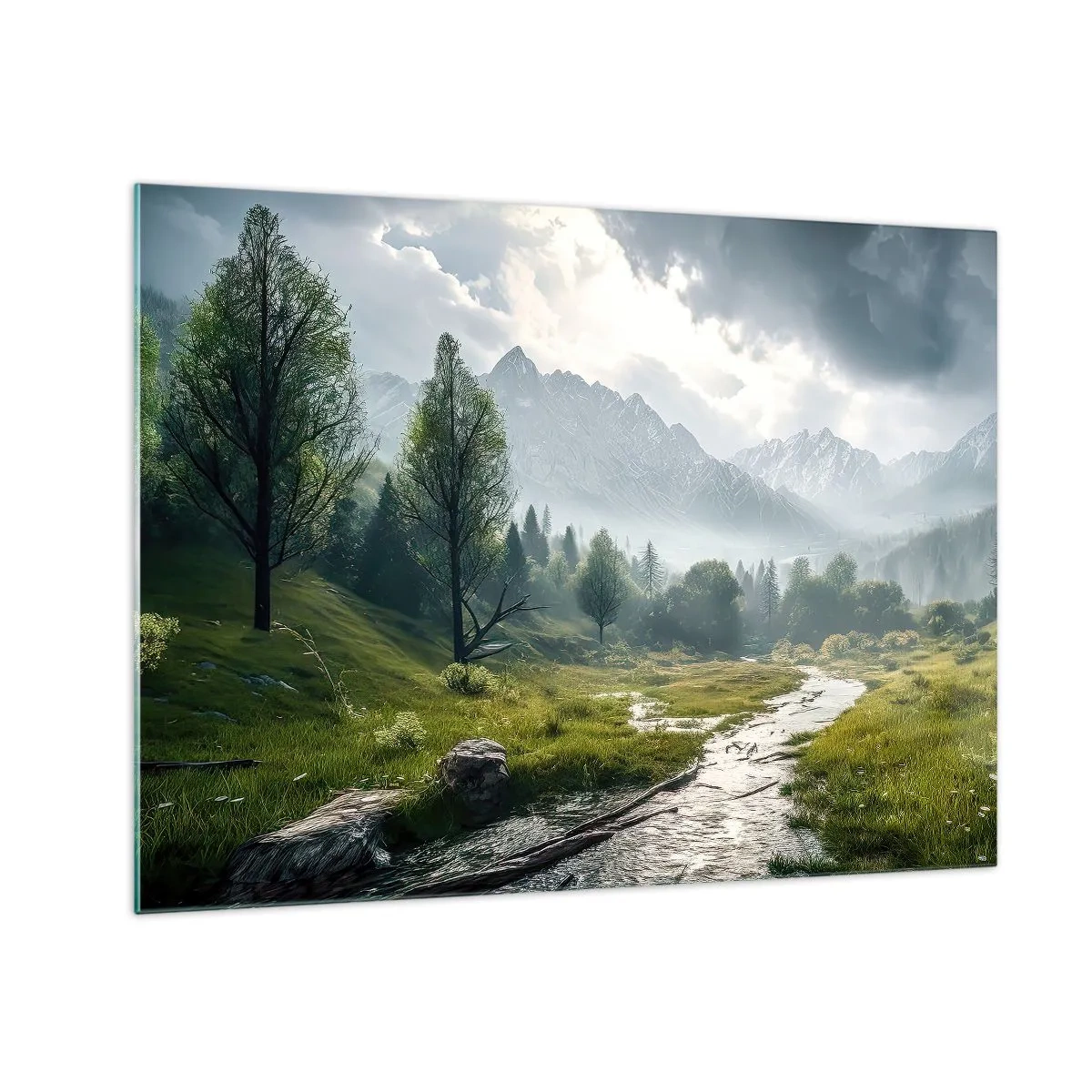 Obraz na skle - Horská krajina s potokem a zeleným údolím ráno - 70x50cm - Tam a zpět - Moderní nástěnná dekorace do obývacího pokoje a ložnice ARTTOR
