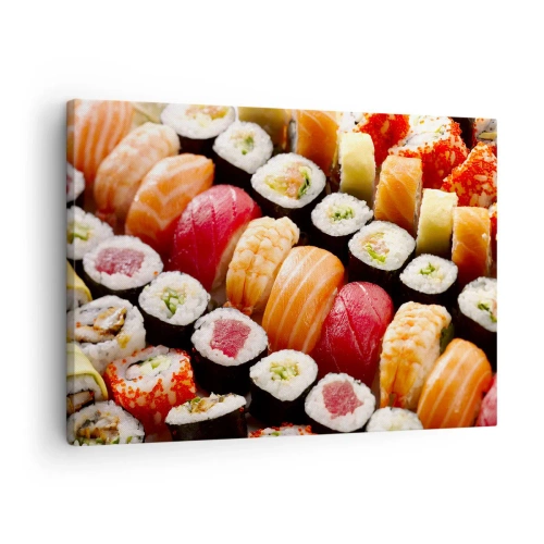 Obraz na plátně - Barevné sushi uspořádané v řadách s různými ingrediencemi - 70x50cm - Barvy a chutě Asie - Moderní nástěnná dekorace do obývacího pokoje a ložnice ARTTOR