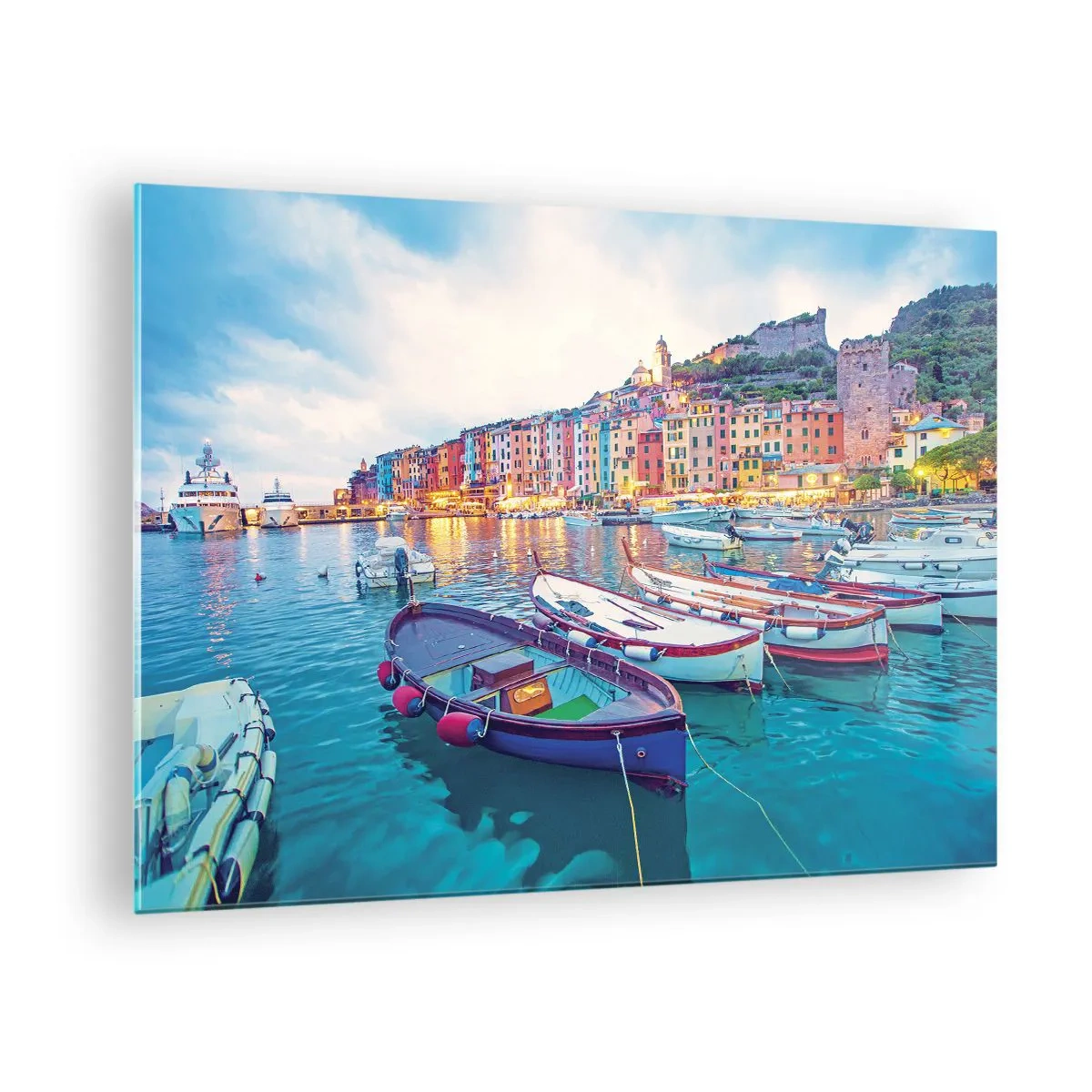 Obraz na skle - Večerní pohled na Cinque Terre s barevnými budovami - 70x50cm - Barevný večer v přístavu - Moderní nástěnná dekorace do obývacího pokoje a ložnice ARTTOR