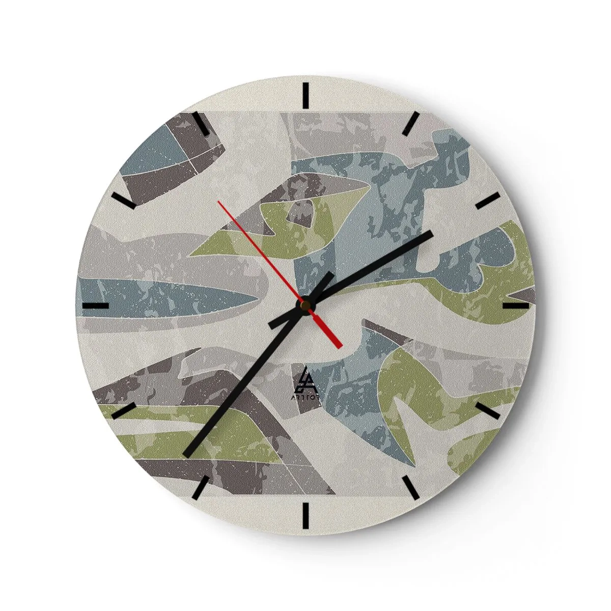 Nástěnné hodiny - Geometrické abstrakce v zelené a modré barvě na světlém pozadí - 30x30cm - Kompozice za sklem - Moderní nástěnná dekorace do obývacího pokoje, kuchyně a ložnice ARTTOR