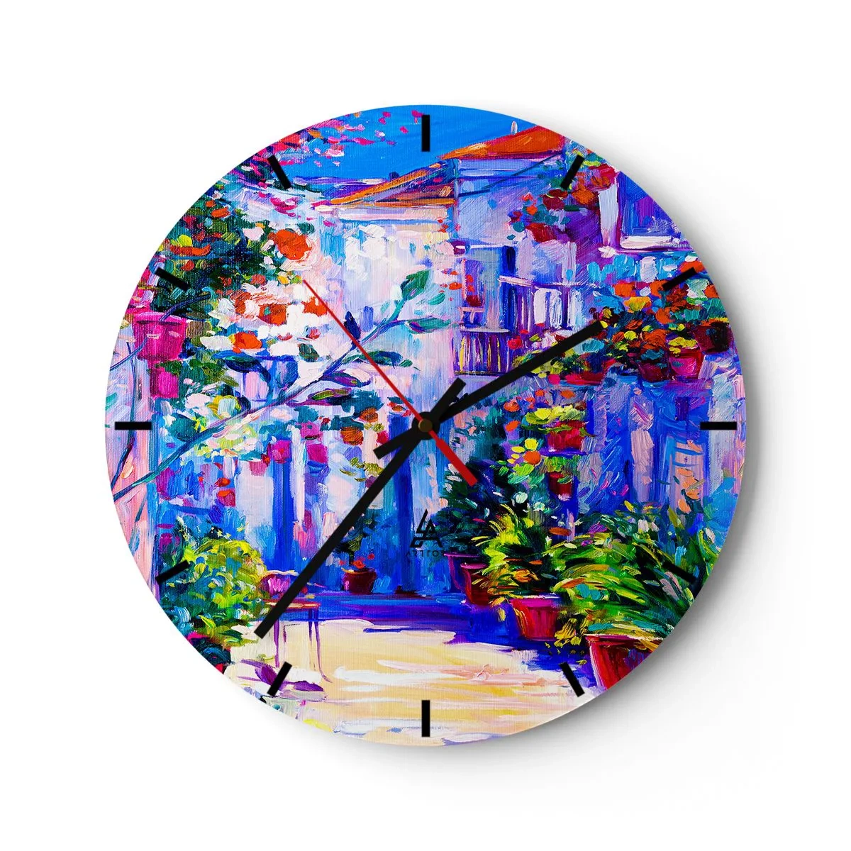 Nástěnné hodiny - Okouzlující terasa plná květin v intenzivních barvách - 30x30cm - Imprese - italská ulička - Moderní nástěnná dekorace do obývacího pokoje, kuchyně a ložnice ARTTOR