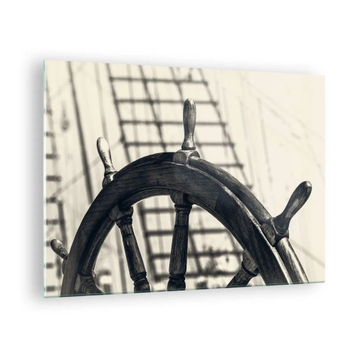 Obraz na skle - Černobílé námořní lodní kormidlo - 70x50cm - Mořské příběhy - Moderní nástěnná dekorace do obývacího pokoje a ložnice ARTTOR