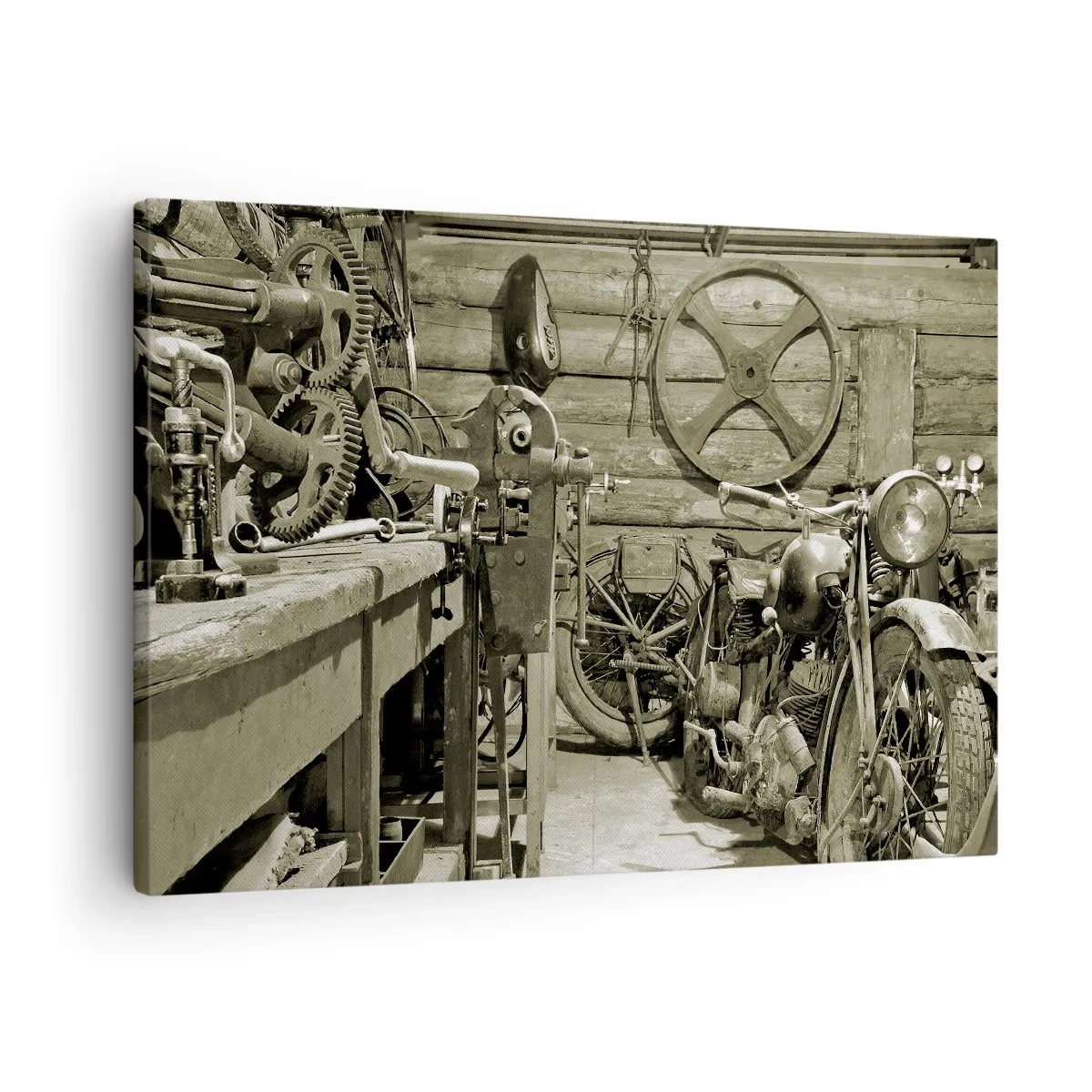 Obraz na plátně - Retro dílna s motocykly a nářadím - 70x50cm - V kůlně strýce Vládi - Moderní nástěnná dekorace do obývacího pokoje a ložnice ARTTOR