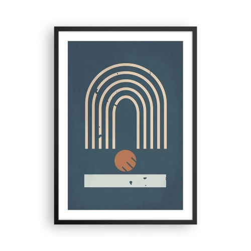 Plakát v černém rámu - Geometrické oblouky a koule na tmavém pozadí - 50x70cm - Geometrie v námořnické modři - Moderní nástěnná dekorace do obývacího pokoje a ložnice ARTTOR