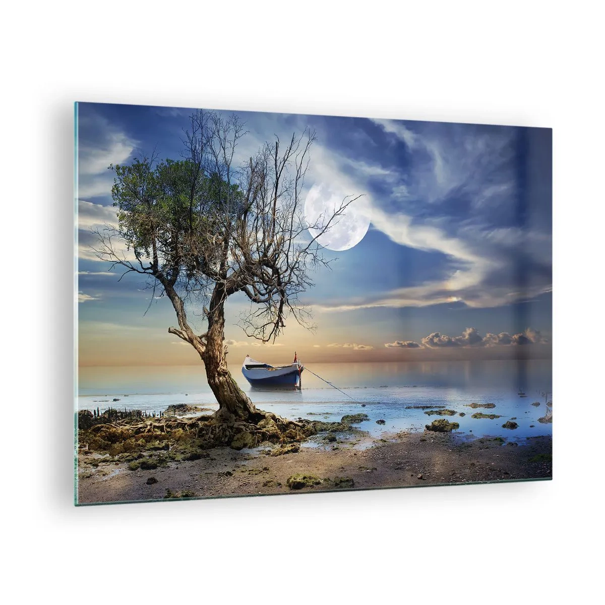 Obraz na skle - Osamělá loď u stromu na pozadí měsíce - 70x50cm - Je to konec nebo začátek? - Moderní nástěnná dekorace do obývacího pokoje a ložnice ARTTOR