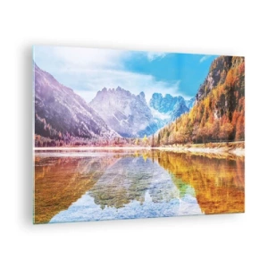 Obraz na skle - Podzimní hory se odrážejí v jezeře, obklopené barevnými stromy - 70x50cm - A v horách už je podzim - Moderní nástěnná dekorace do obývacího pokoje a ložnice ARTTOR