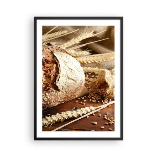 Plakát v černém rámu - Chléb na dřevěném stole s klasy pšenice - 50x70cm - Chutný, voňavý, křupavý - Moderní nástěnná dekorace do obývacího pokoje a ložnice ARTTOR