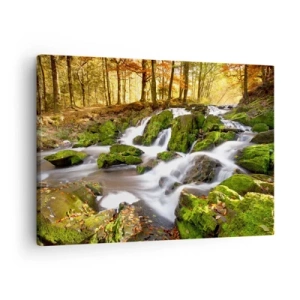 Obraz na plátně - Zalesněná krajina s vodopádem obklopeným mechem - 70x50cm - Chvatem podzimním lesem - Moderní nástěnná dekorace do obývacího pokoje a ložnice ARTTOR