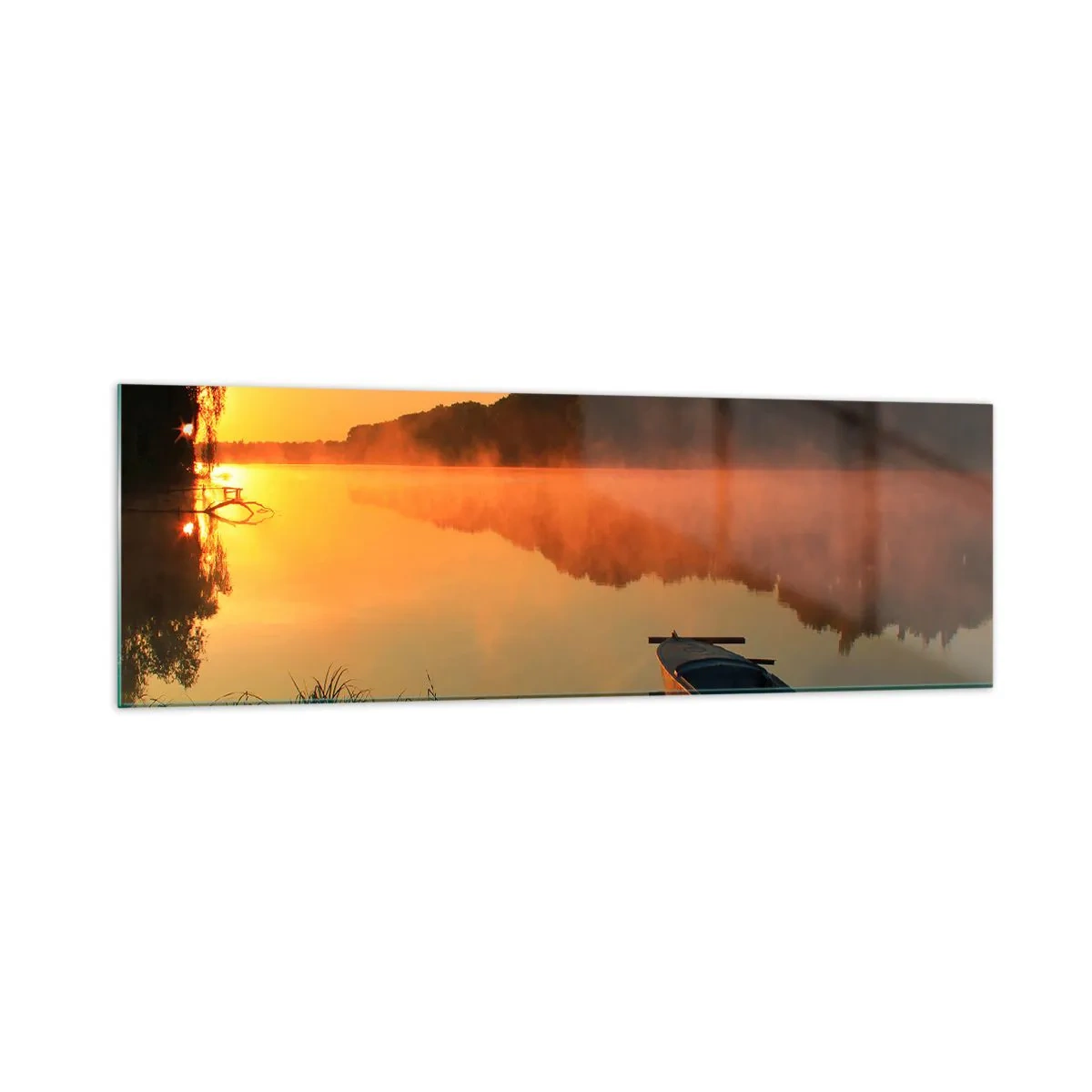 Obraz na skle - Východ slunce u vody jako povrch zrcadla - 160x50 cm