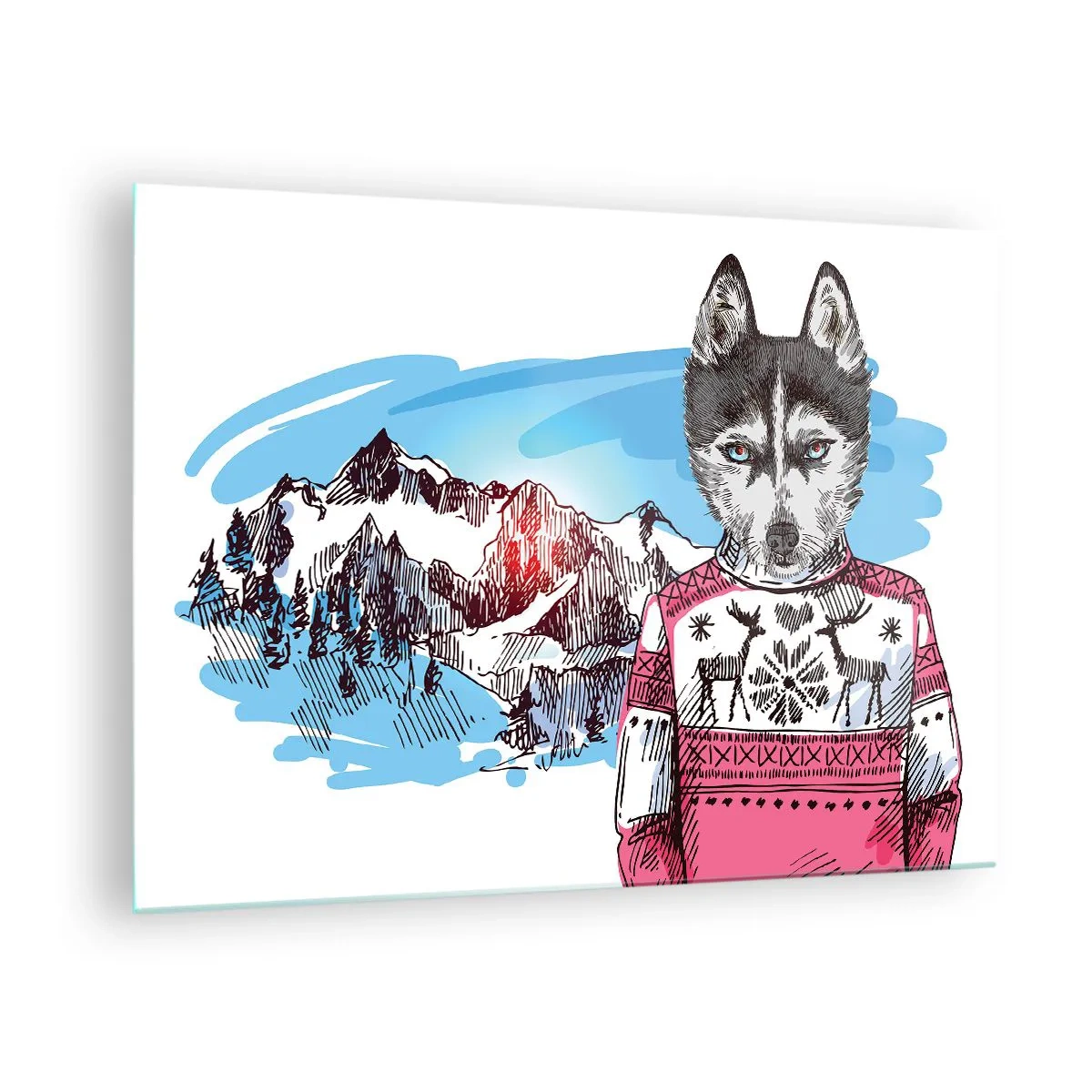 Obraz na skle - Husky ve svetru s horami v pozadí - 70x50cm - Vlk v ovčím rounu - Moderní nástěnná dekorace do obývacího pokoje a ložnice ARTTOR