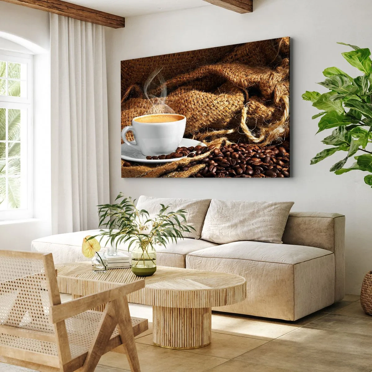 Obraz na plátně - Šálek kávy obklopený sáčkem kávových zrn - 70x50cm - Vůně moka a hustota medové tekutiny - Moderní nástěnná dekorace do obývacího pokoje a ložnice ARTTOR
