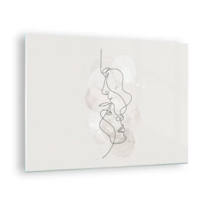 Obraz na skle - Minimalistická kresba tváří dvou lidí v jemném, smyslném objetí. - 70x50cm - Zamotaní v objetí - Moderní nástěnná dekorace do obývacího pokoje a ložnice ARTTOR