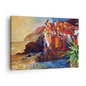 Obraz na plátně - Barevné domy na útesu nad mořem - 70x50cm - Italský nádech - Moderní nástěnná dekorace do obývacího pokoje a ložnice ARTTOR