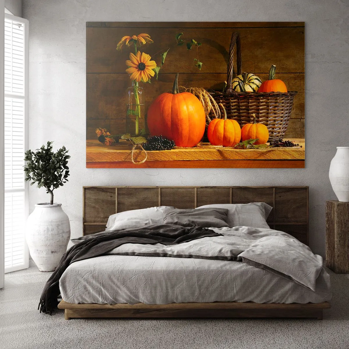 Obraz na skle - Podzimní zátiší s dýněmi a květinami - 70x50cm - Rustikální kompozice - dary podzimu - Moderní nástěnná dekorace do obývacího pokoje a ložnice ARTTOR