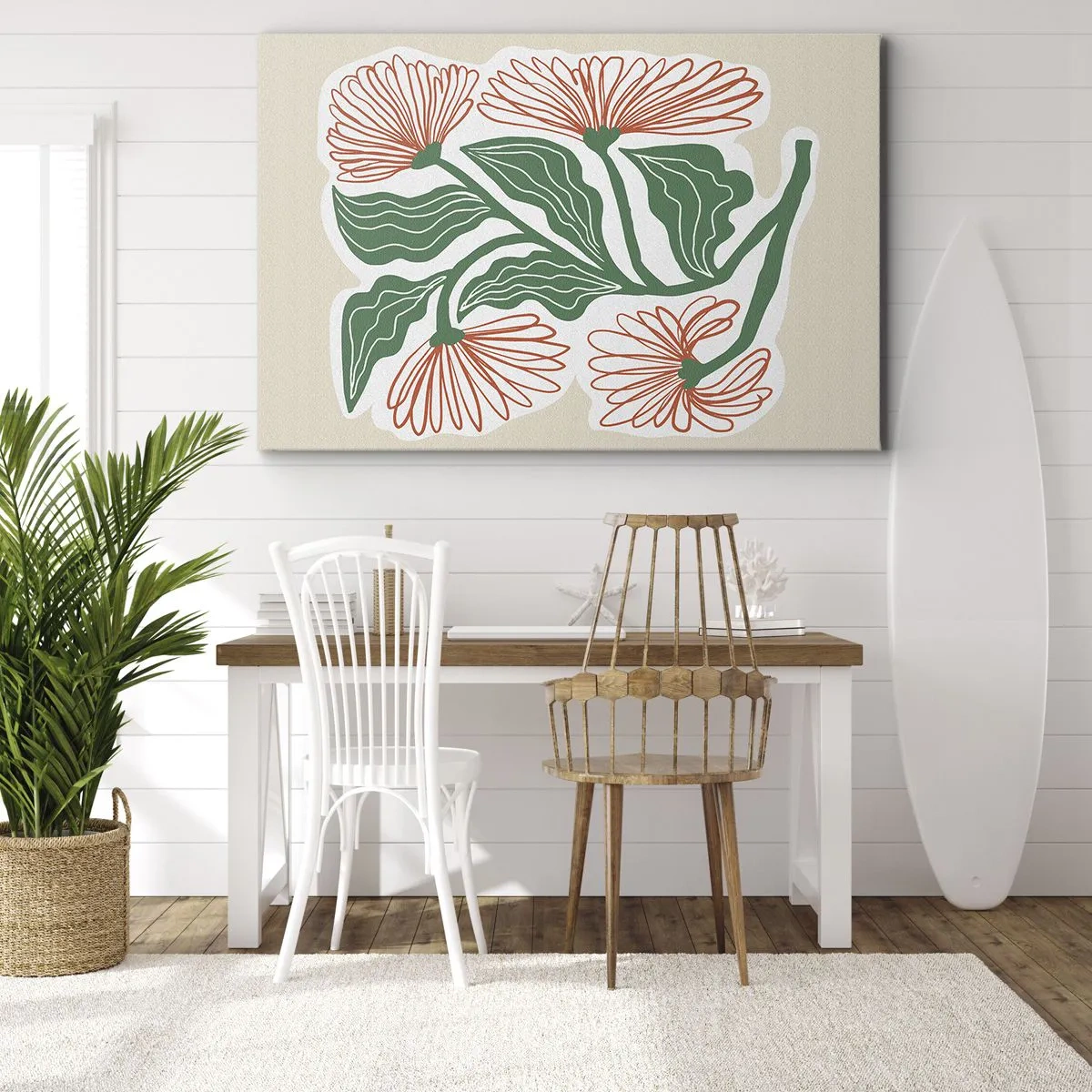 Obraz na plátně - Kresba květin v minimalistickém stylu se zelenými listy - 70x50cm - Lidové i moderní - Moderní nástěnná dekorace do obývacího pokoje a ložnice ARTTOR
