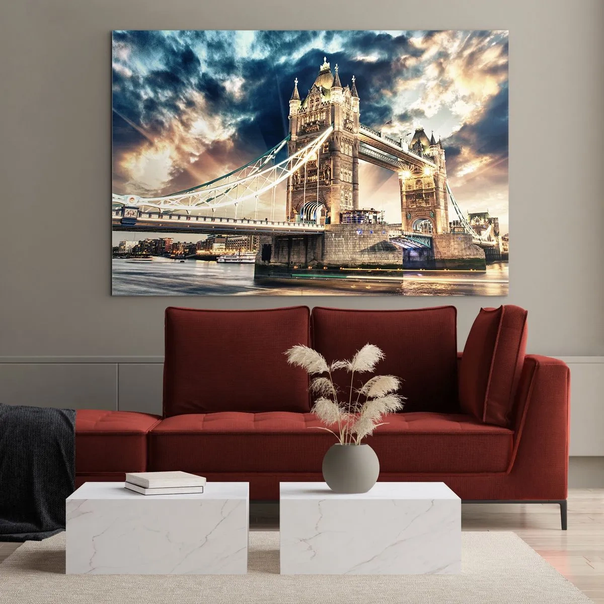 Obraz na skle - Tower Bridge v Londýně proti dramatické obloze - 70x50cm - Pomník viktoriánského impéria - Moderní nástěnná dekorace do obývacího pokoje a ložnice ARTTOR