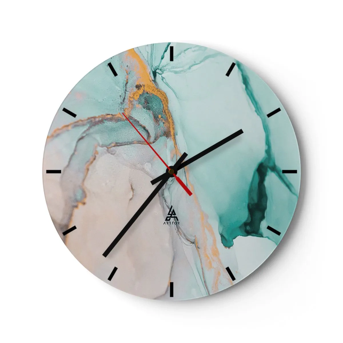 Nástěnné hodiny - Abstraktní akvarel v odstínech tyrkysové a zlaté - 30x30cm - Tanec tvarů a barev - Moderní nástěnná dekorace do obývacího pokoje, kuchyně a ložnice ARTTOR