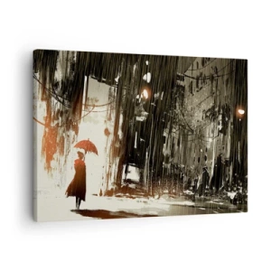 Obraz na plátně - Červená postava s deštníkem v deštivé scéně - 70x50cm - Poezie červeného deštníku - Moderní nástěnná dekorace do obývacího pokoje a ložnice ARTTOR