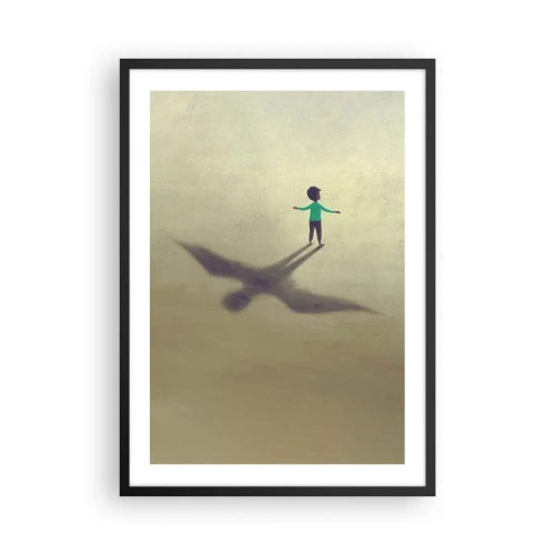 Plakát v černém rámu - Dítě s ptačím stínem proti pastelové obloze - 50x70cm - Hrdina budoucnosti - Moderní nástěnná dekorace do obývacího pokoje a ložnice ARTTOR