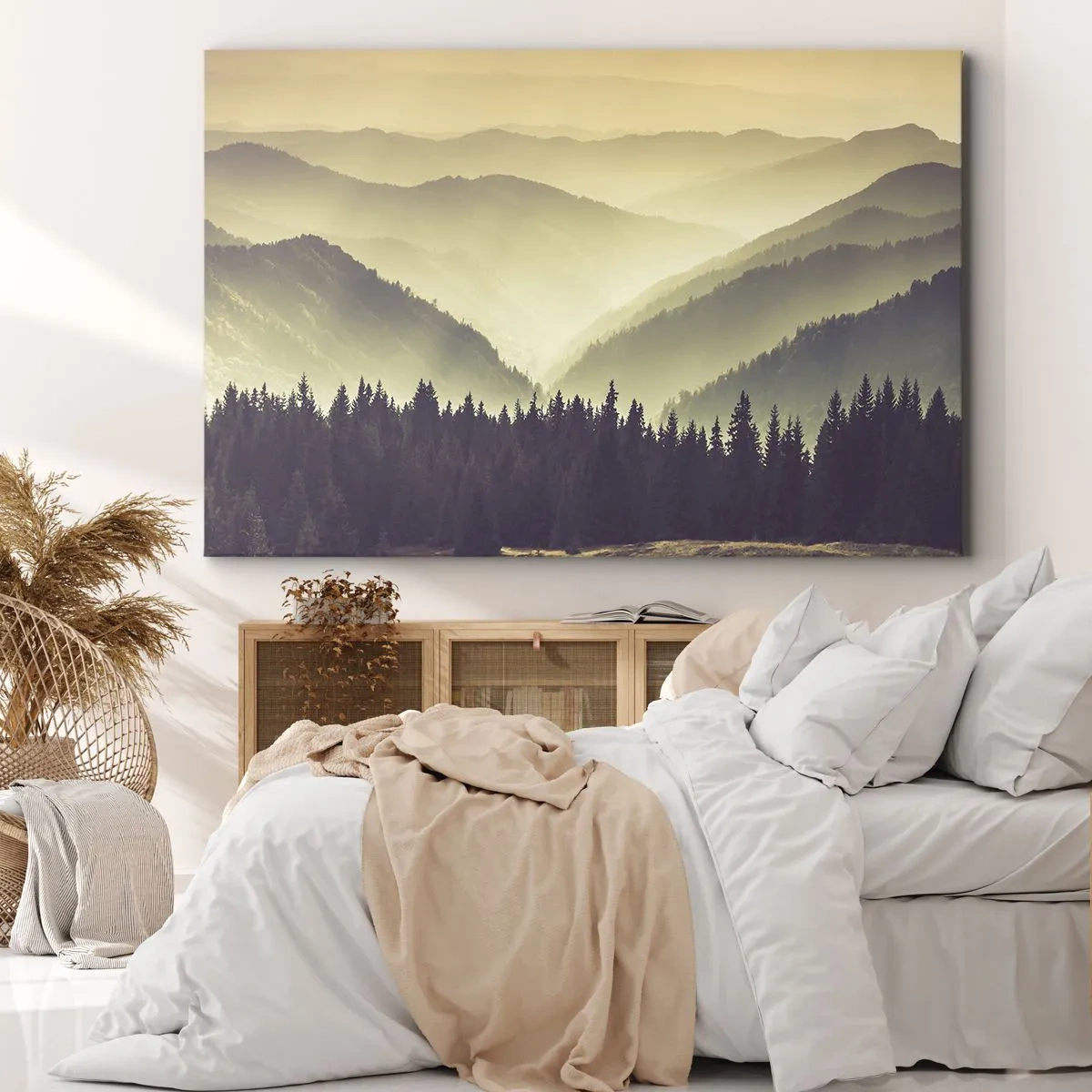 Obraz na plátně - Malebné horské pásma zahalené v mlze v teplém světle - 70x50cm - Za sedmero horami… - Moderní nástěnná dekorace do obývacího pokoje a ložnice ARTTOR