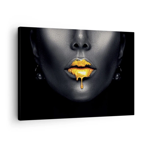Obraz na plátně - Černozlatý portrét ženy s kapkou zlata na rtech - 70x50cm - Zlatoústá - Moderní nástěnná dekorace do obývacího pokoje a ložnice ARTTOR