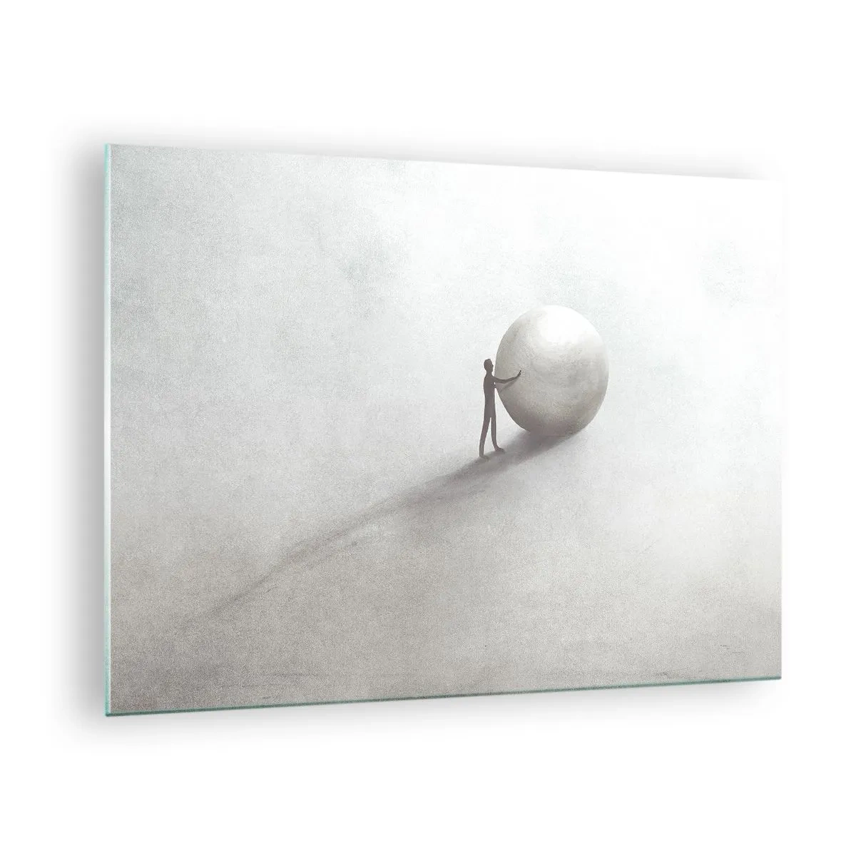 Obraz na skle - Minimalistická silueta muže s velkým míčem na světlém pozadí. - 70x50cm - Hra života - Moderní nástěnná dekorace do obývacího pokoje a ložnice ARTTOR