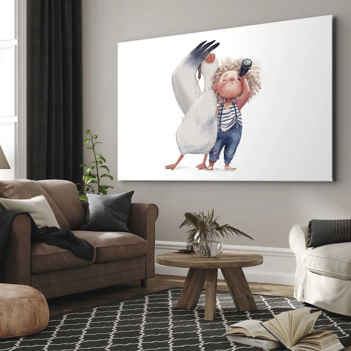 Obraz na plátně - Ilustrace dítěte s pelikánem a dalekohledem v ruce - 70x50cm - Plán na skvělou cestu - Moderní nástěnná dekorace do obývacího pokoje a ložnice ARTTOR