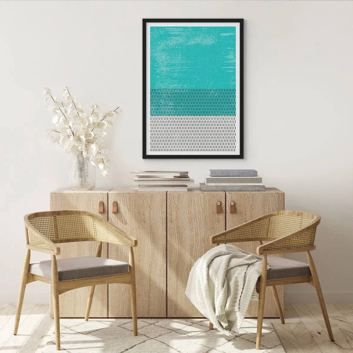 Plakát v černém rámu - Geometrický vzor s tyrkysovými a bílými prvky v minimalistickém stylu - 50x70cm - Vyvážená kompozice - Moderní nástěnná dekorace do obývacího pokoje a ložnice ARTTOR