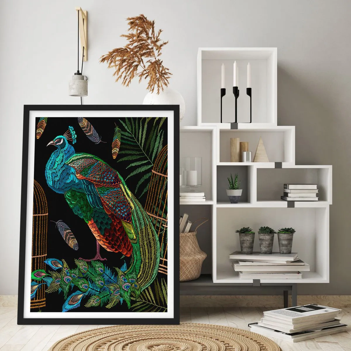 Plakát v černém rámu - Barevný páv na pozadí zlatých klecí a zelených listů. - 50x70cm - V královském rouchu - Moderní nástěnná dekorace do obývacího pokoje a ložnice ARTTOR