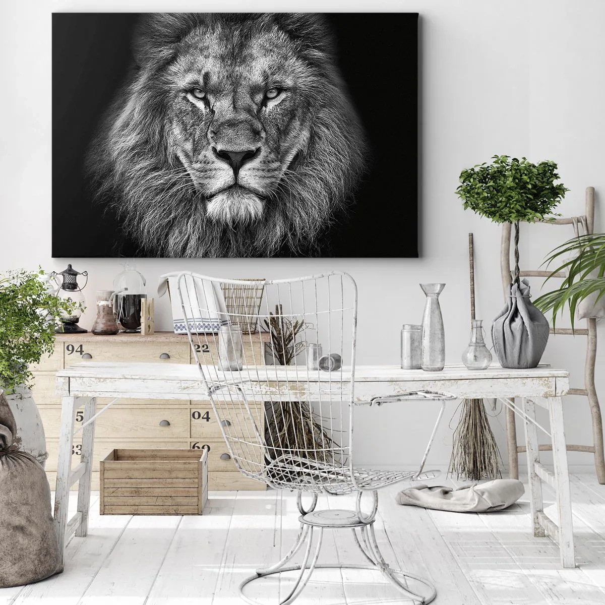 Obraz na plátně - Portrét majestátního lva v černé a bílé - 70x50cm - V korunovačním oděvu - Moderní nástěnná dekorace do obývacího pokoje a ložnice ARTTOR