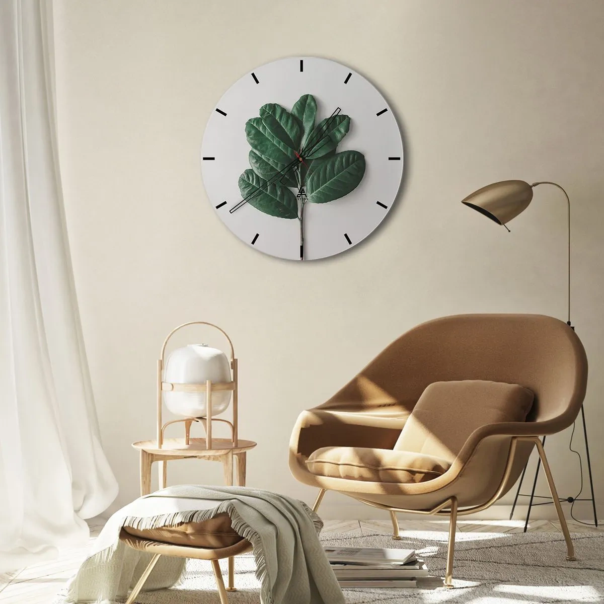 Nástěnné hodiny - Zelená větev s velkými listy na světlém pozadí - 30x30cm - Kresba samotné přírody - Moderní nástěnná dekorace do obývacího pokoje, kuchyně a ložnice ARTTOR