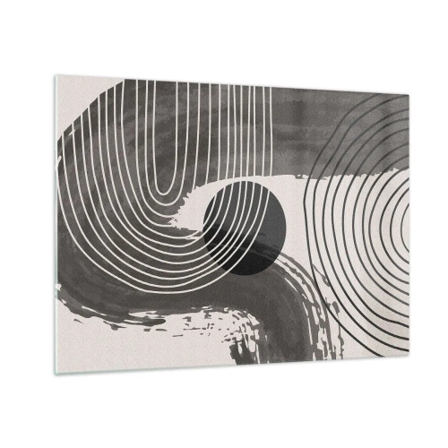 Obraz na skle - Moderní abstrakce s černobílými čarami a oválem - 70x50cm - Ovál vítězí - Moderní nástěnná dekorace do obývacího pokoje a ložnice ARTTOR
