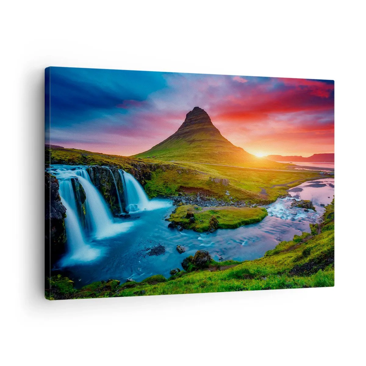 Obraz na plátně - Malebný vodopád a hora při západu slunce - 70x50cm - Island - oheň a voda - Moderní nástěnná dekorace do obývacího pokoje a ložnice ARTTOR