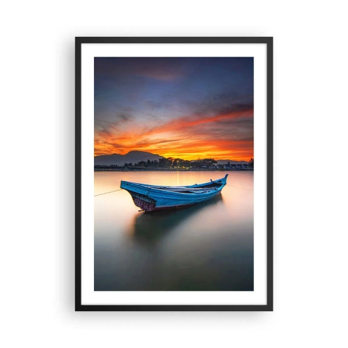 Plakát v černém rámu - Osamělá loď na vodě při západu slunce - 50x70cm - Blíží se dobrá noc - Moderní nástěnná dekorace do obývacího pokoje a ložnice ARTTOR