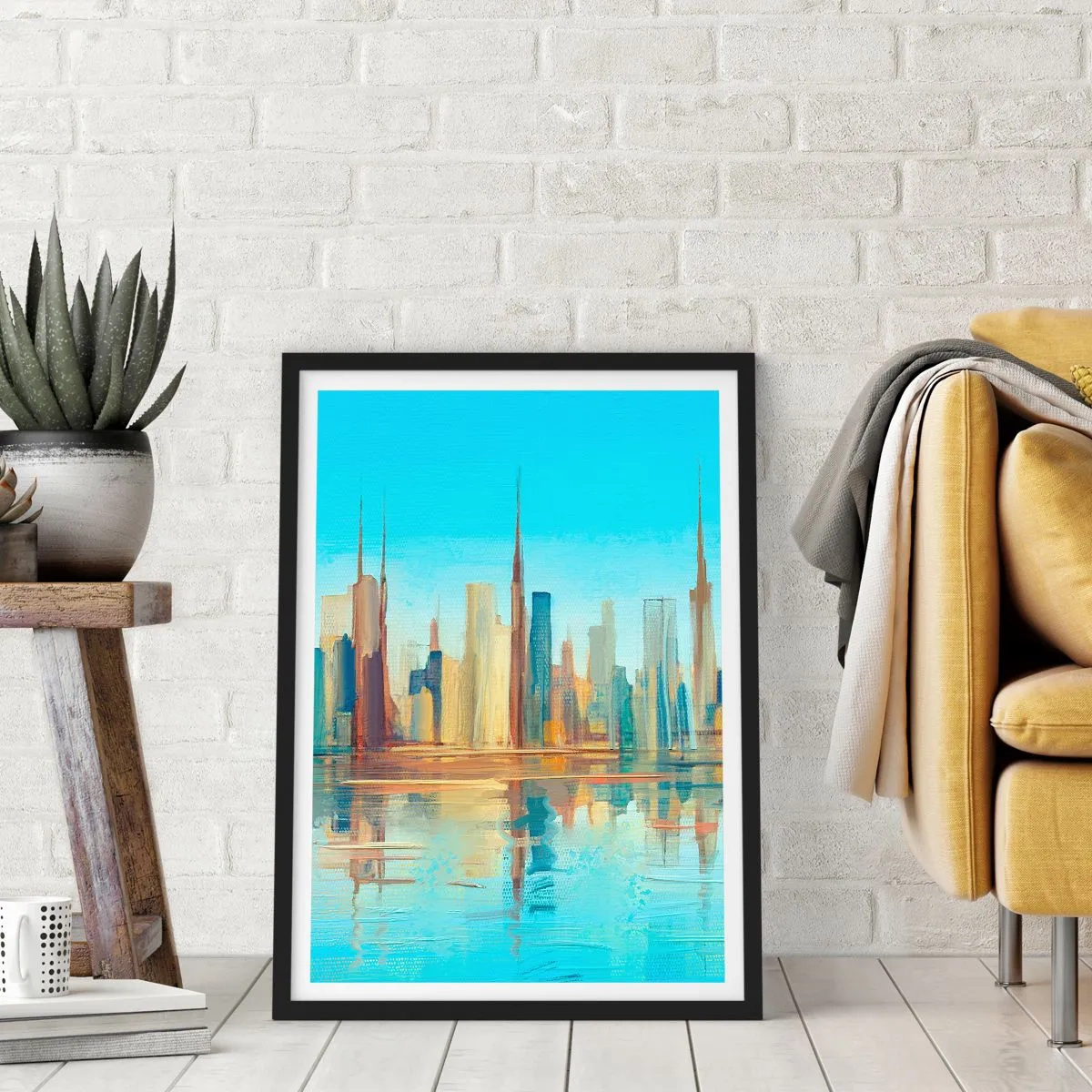 Plakát v černém rámu - Barevné panorama města s odrazem ve vodě - 50x70cm - Prosluněná metropole - Moderní nástěnná dekorace do obývacího pokoje a ložnice ARTTOR