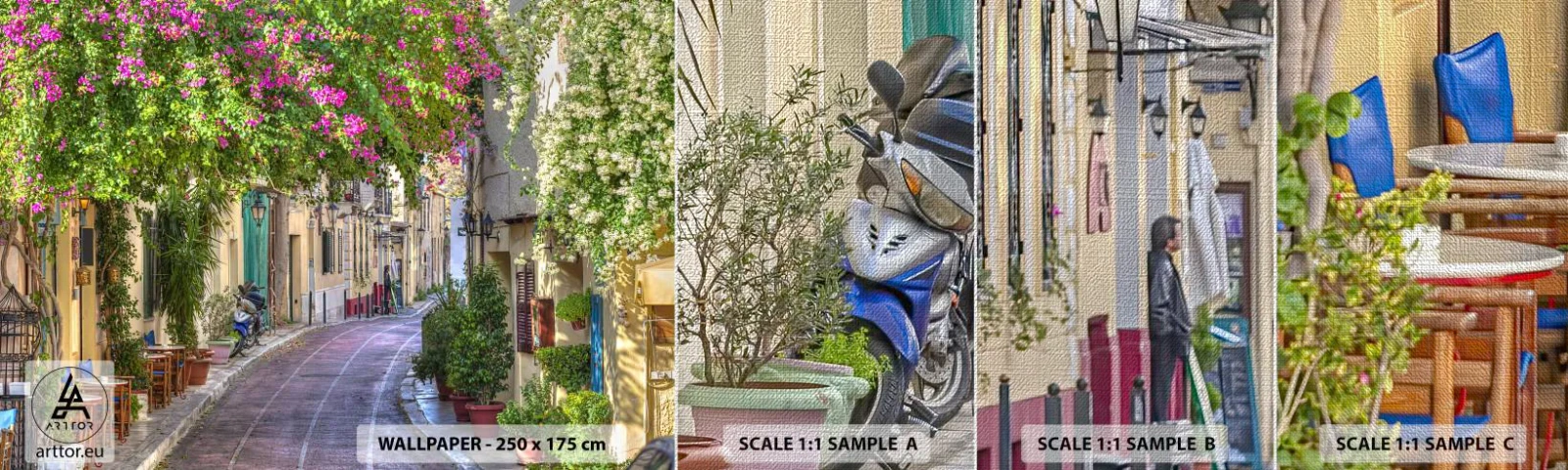 Vzor Fototapety Premium Canvas - Kvetoucí zákoutí - Architektura, Řecko, Město - 100x30 cm