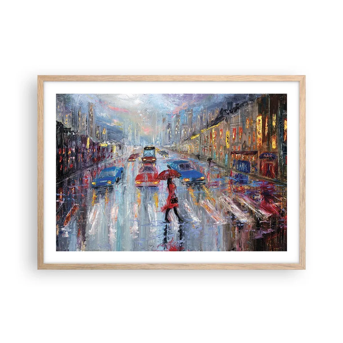 Plakát v rámu světlý dub - Deštivé odpoledne ve městě - 70x50 cm