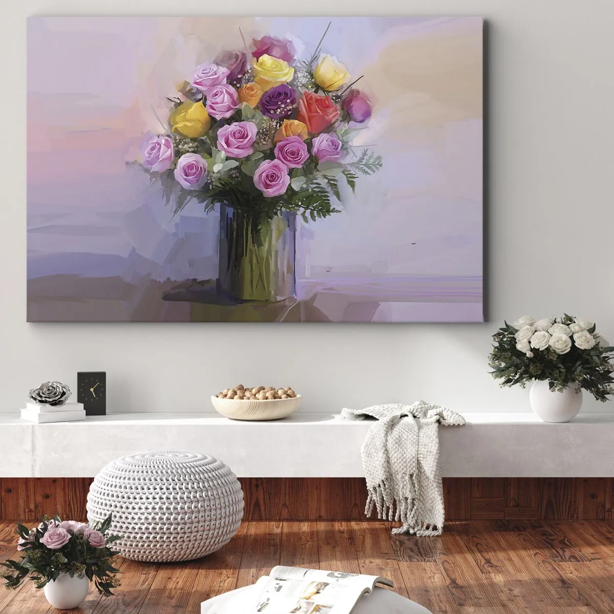 Obraz na plátně - Kytice barevných růží ve skleněné váze - 70x50cm - Zachycená krása - Moderní nástěnná dekorace do obývacího pokoje a ložnice ARTTOR
